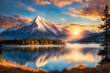 Fototapeta premium Sunrise in the mountains. Beautiful over lake.