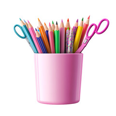 Colorful Pencils and Scissors in Pink Holder, Office Supplies, Back to School, Art and Craft Tools, Vibrant Desk Organizer
