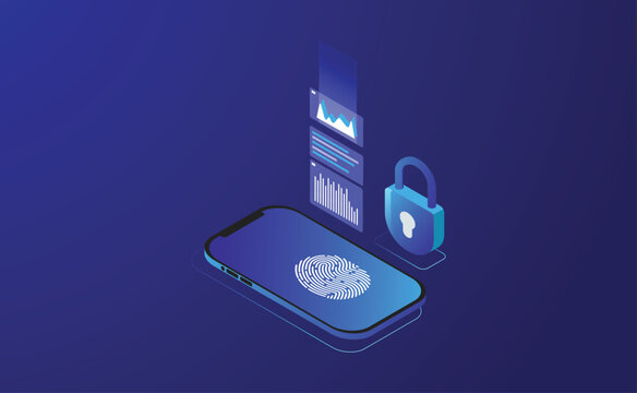 Data Security Protection isometric vector deseign. shield for personal data. fingerprints illustration. protection concept with icon of a lock and fingerprints.
