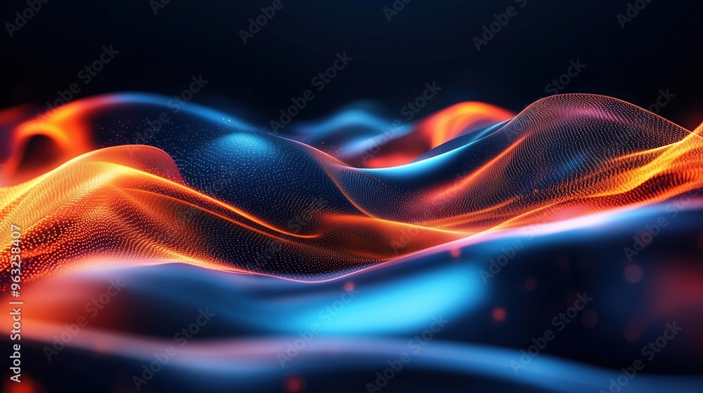 Poster Abstract 3D rendering of orange and blue waves with glowing particles in motion on a dark background, representing the flow of data. A futuristic design concept showcasing big data visualization and d
