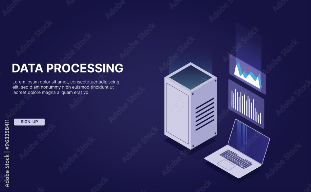 Poster big data flow processing in ultraviolet: isometric vector of cloud databases, web hosting, and serve