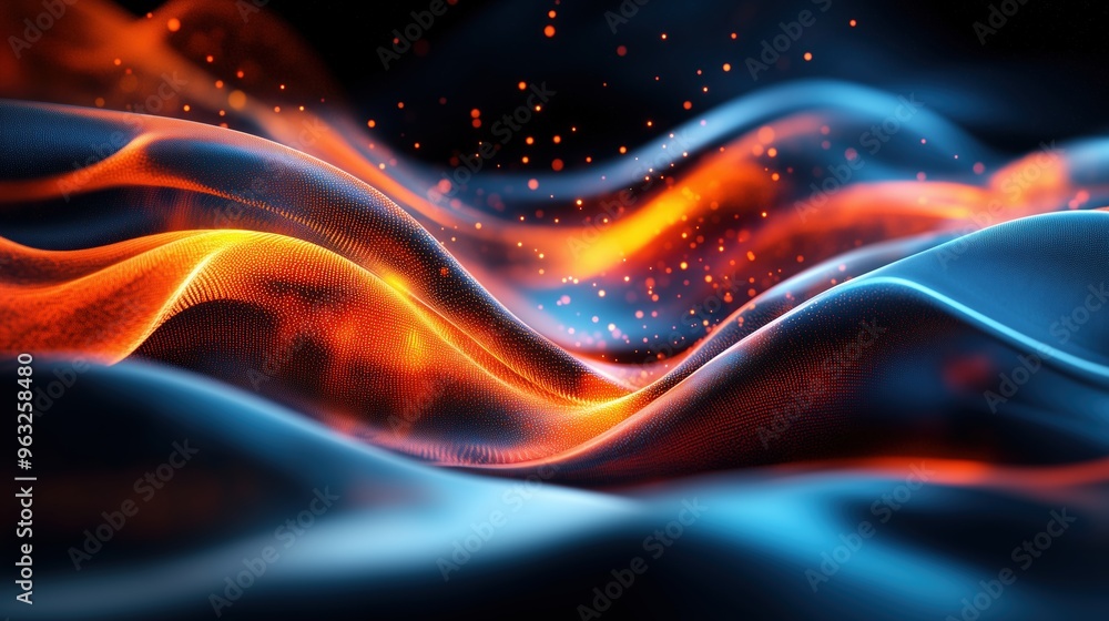 Poster Abstract 3D rendering of orange and blue waves with glowing particles in motion on a dark background, representing the flow of data. A futuristic design concept showcasing big data visualization and d