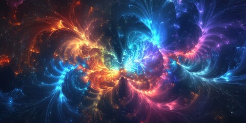 Abstract neon fractal background with cosmic elements.