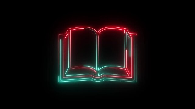 Abstract neon shine book icon animation on black background.