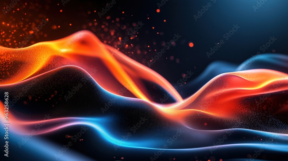 Poster Abstract 3D rendering of orange and blue waves with glowing particles in motion on a dark background, representing the flow of data. A futuristic design concept showcasing big data visualization and d