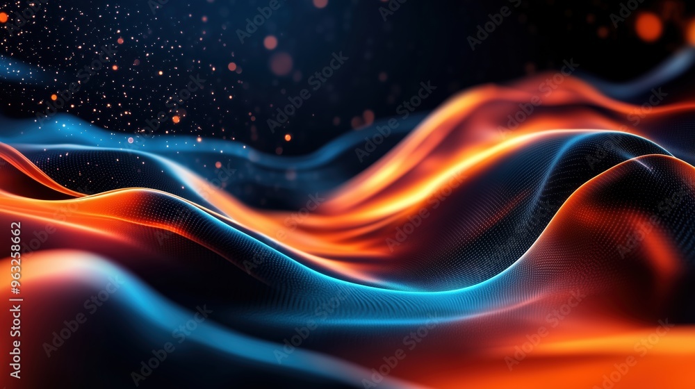 Poster Abstract 3D rendering of orange and blue waves with glowing particles in motion on a dark background, representing the flow of data. A futuristic design concept showcasing big data visualization and d