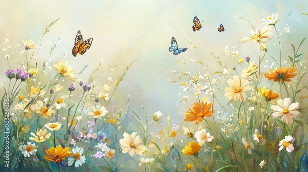 Poster colorful wildflowers bloom brightly while butterflies flutter gracefully around in a sunny, serene m