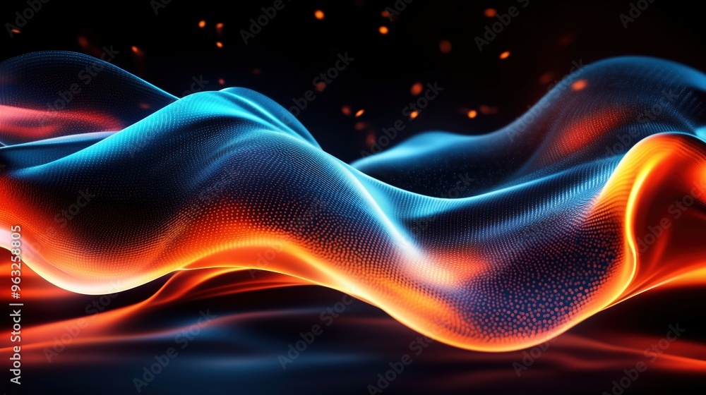 Poster Abstract 3D rendering of orange and blue waves with glowing particles in motion on a dark background, representing the flow of data. A futuristic design concept showcasing big data visualization and d