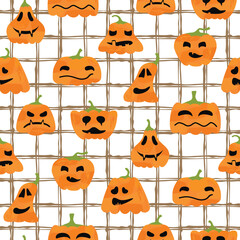 Funny seamless pattern with cartoon pumpkins on checkered background.Halloween characters with different facial expressions.Colorful print on fabric and paper.Vector design for packaging,wallpaper.