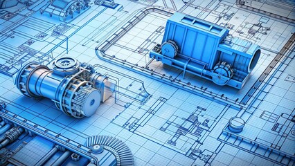 Mechanical Azure Schematics: Detailed blueprints of blue heavy machinery, conveying engineering precision and industrial might.