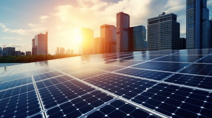 Solar Panels on Rooftop with City Skyline and Sunset
