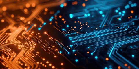 Technology background featuring orange and blue circuit board patterns symbolizing modern innovation.