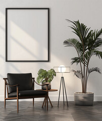Minimalist Living Room with Black Leather Chair, Empty Poster Frame for Wall Art Mock-Up, and Indoor Plants