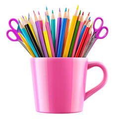 Colorful Pencils and Scissors in Pink Mug, Art Supplies in Cup, School Supplies, Bright Stationery, Office Desk Accessories
