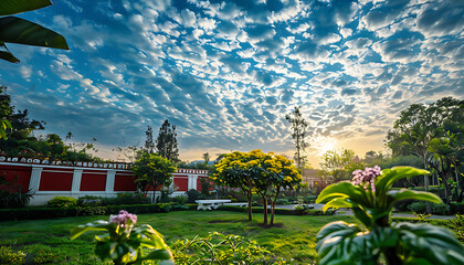Naklejka premium Sunlit serenity, a lush garden escape - Nature’s Harmony, sunset in bloom