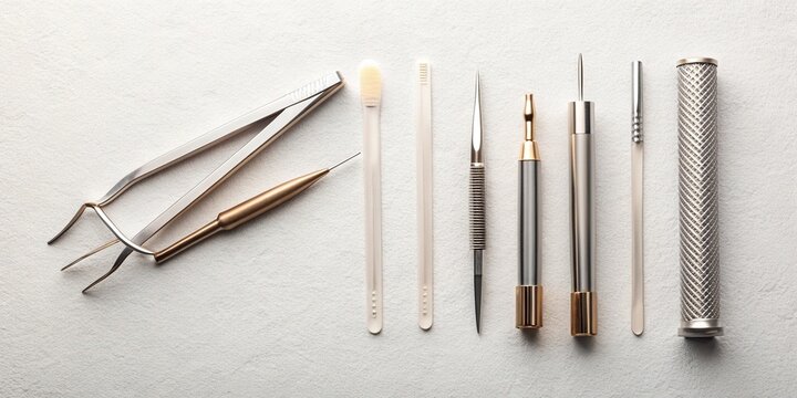 Microblading tools arranged on a minimalist surface with clean lines and simple shapes creating a sense of clarity and simplicity during a precise procedure