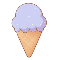 A lavender-colored ice cream scoop with colorful sprinkles in a waffle cone, set against a plain background. Simple and delightful design.