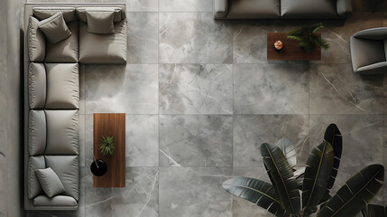 Fototapeta premium Overhead View of a Modern Living Room with Neutral Gray Sofa, Wooden Coffee Tables, and Indoor Plants Creating a Stylish and Cozy Atmosphere