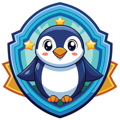 Obraz premium Cartoon Penguin with Stars in a Blue Shield
