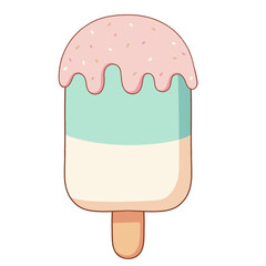 This is a cartoon-style popsicle featuring three pastel colors. The top is coated with pink sauce and sprinkled with sugar bits. The design is simple and cute.