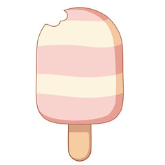 A bitten ice cream popsicle with pink and cream stripes on a stick, set against a plain background. Simple and vibrant design.