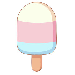 
A three-layered popsicle with pastel colors: cream, pink, and light blue, on a wooden stick. Simple and nostalgic design.