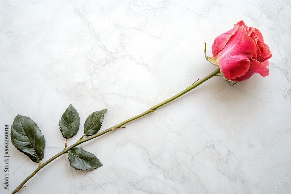 Poster A delicate pink rose with lush green leaves lies gracefully on a pristine white marble surface, embodying elegance and tranquility. Generative AI