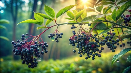 Misty Mountainside Gathering Dewy Berry Canopy Soft Focus Morning Haze Vignette Deep Greenery Forest Floor Elderberry Fruit Rustic Natural Mystery Forest Whispered Secrets