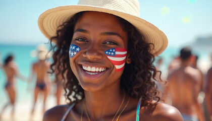 A young African American woman with curly hair wearing a straw hat and smiling, with an American flag painted on her cheek