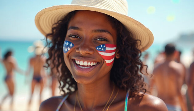 A young African American woman with curly hair wearing a straw hat and smiling, with an American flag painted on her cheek - Powered by Adobe
