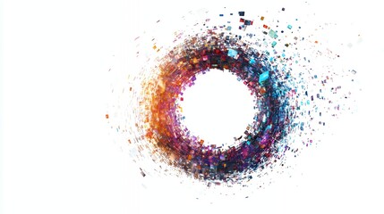Abstract colorful digital swirl of squares forming a circle on white background.