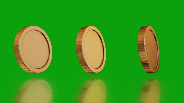 Beautiful 3D render of a smooth rotating Golden coin on a green background, coin spinning, Gold coin in a 360-degree turn, 4K Video. Symbol of wealth, token from 80s games, coin op video games