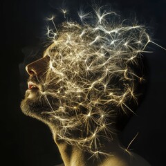 Creative representation of a mans head with dandelion seeds at night