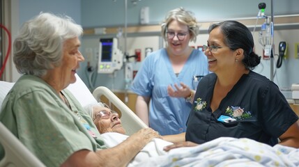 Obraz premium Elderly patients being assisted by dedicated nurses from clinics and nursing homes. Nurses showing care and support to the elderly, helping them with daily activities. Professional nurses in the healt