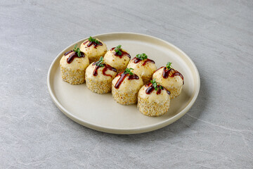 delicious fresh baked sushi roll with crab mayonnaise Philadelphia cheese.