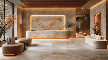A minimalist reception area with soft, warm tones and wooden accents, inviting and serene.