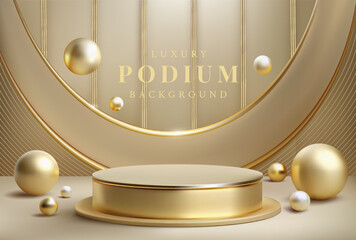Podium luxury background. Gold 3d podium. Modern, trendy design with decorative metallic balls.