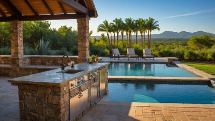 stock photography outdoor kitchen pool with a morning view