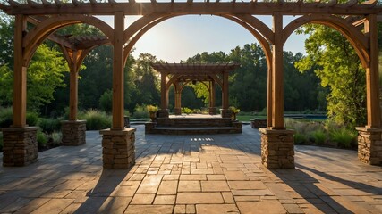 stock photography pergola or gazebo with a morning view