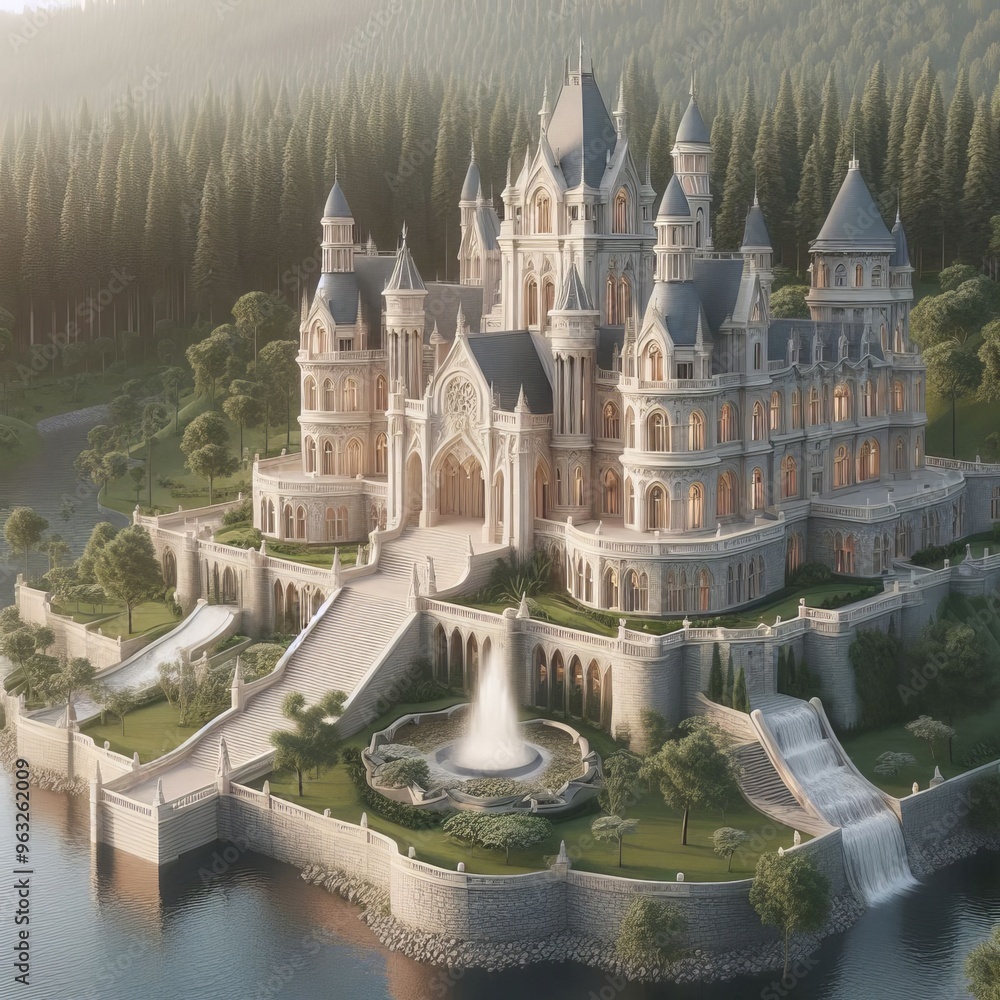 Poster a breathtaking view of a grand castle situated by a serene lake and encircled by dense, lush forests