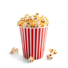 Overflowing Striped Popcorn Bucket on White Background