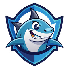 Cartoon Shark Mascot in Blue Shield Emblem