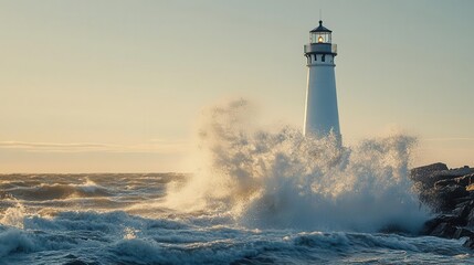 Traditional New England lighthouse on rocky coast  in a serene, coastal setting with soft sunlight illuminating the lighthouse against a backdrop of rugged rocks and crashing waves