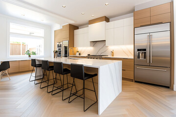 Bright and spacious modern kitchen with a large island, light wood cabinetry, and sleek stainless steel appliances. Natural light from large windows