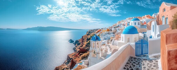 Naklejka premium Traditional Santorini whitewashed houses on clifftop