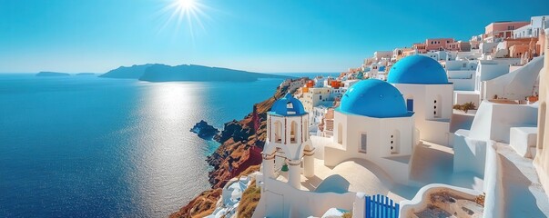 Naklejka premium Traditional Santorini whitewashed houses on clifftop