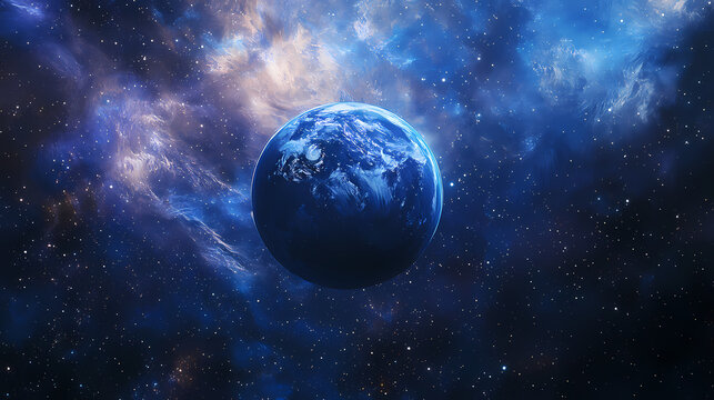 Blue planet in space, stars and a nebula background, floating in the vast expanse with vivid colors and impressionistic brushstrokes. Impressionistic. Illustration