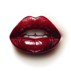 Obraz premium Hyper Red Glossy Lips of Alluring Woman Close up on White Background