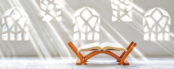 Open holy book on a stand with sunlight beams coming through windows.