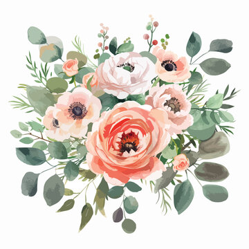 Watercolor painting of a bouquet of pink and peach flowers.